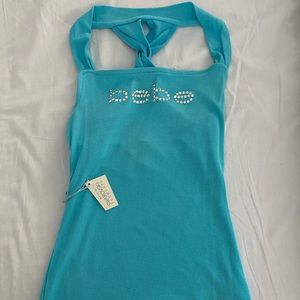BEBE twist back tank top Teal w Swarovski crystals